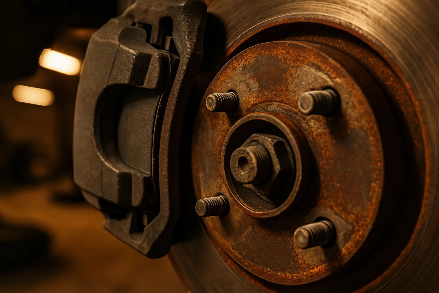 Close detail of brake system components in shop lighting