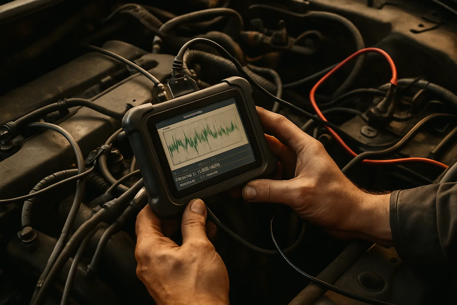 Engine bay with diagnostic equipment connected for testing